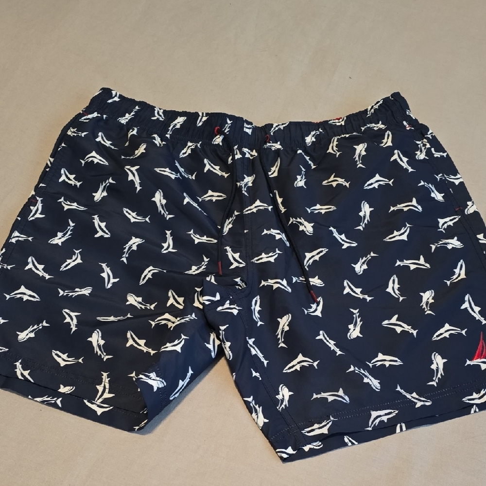 Nautica Men's Dark Blue Shark Pattern Swim Trunks